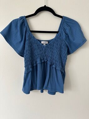 Discreet Blue Smocked Peplum Flutter Sleeve Crop Top